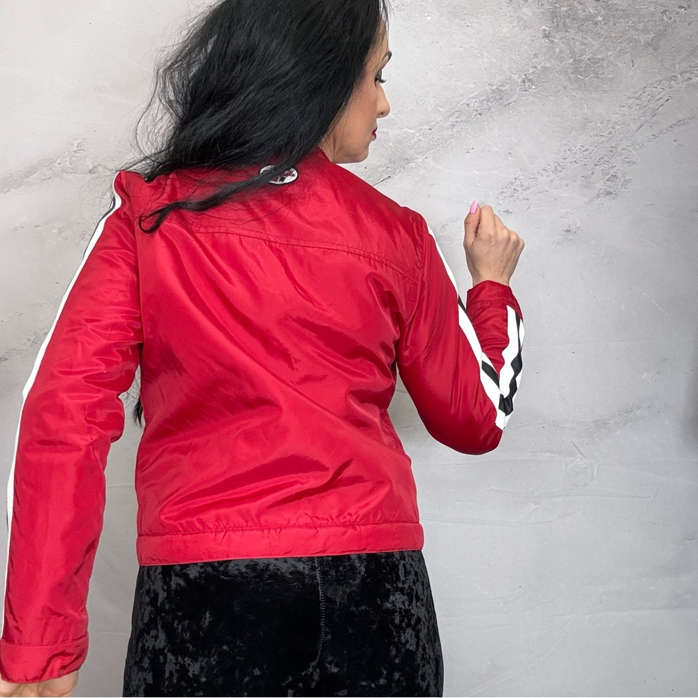 Red and White Bomber Jacket with Stand-Up Collar - Picture 4 of 7